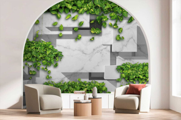 Frunze verzi pe un design geometric din marmură Fototapet Frunze verzi pe un design geometric din marmură