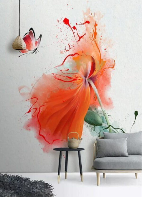Fluture și floare în strop vibrant Fototapet Fluture și floare în strop vibrant