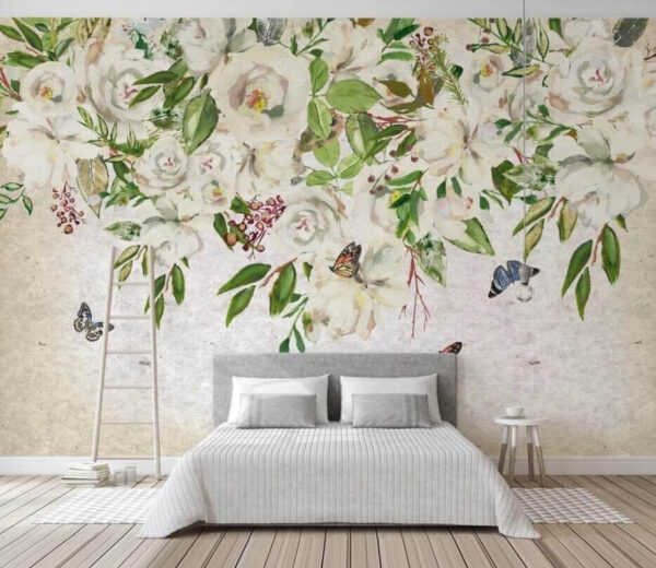 Fototapet Pictură de flori albe și fluturi