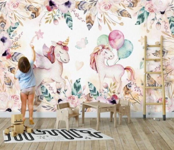 Unicorn acuarelă cu baloane Fototapet Unicorn acuarelă cu baloane