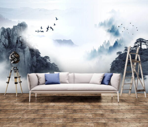 Fototapet Păsări care zboară deasupra unui munte