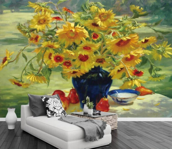 Fototapet Pictura unui vas cu flori galbene și fructe