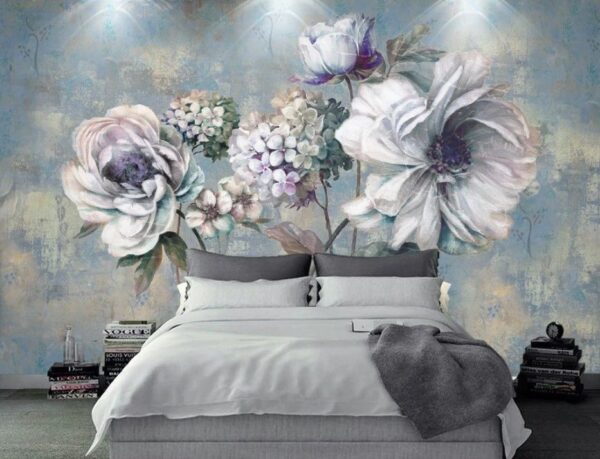 Fototapet Pictura de flori pe un fundal albastru