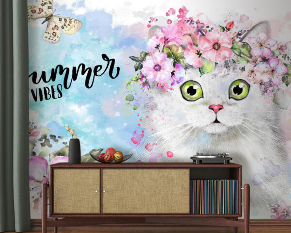 Fototapet Pisică cu flori pe cap