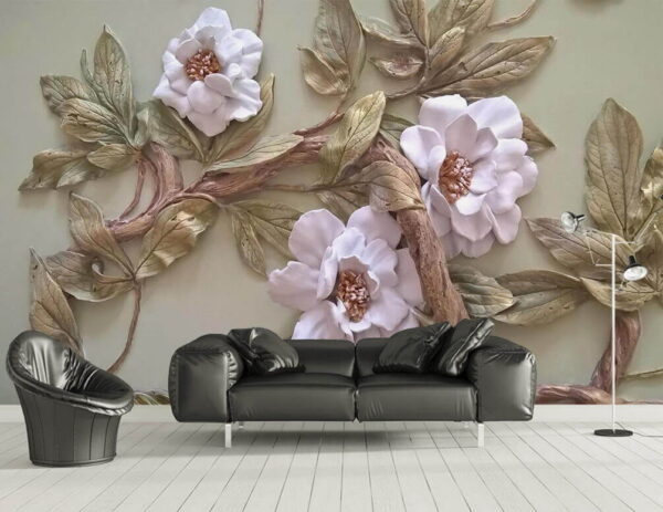 Decor de perete cu flori și frunze Fototapet Decor de perete cu flori și frunze