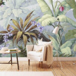 Fototapet Frunziș tropical luxuriant și flori vii