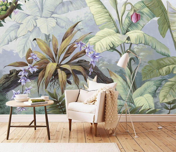 Frunziș tropical luxuriant și flori vii Fototapet Frunziș tropical luxuriant și flori vii