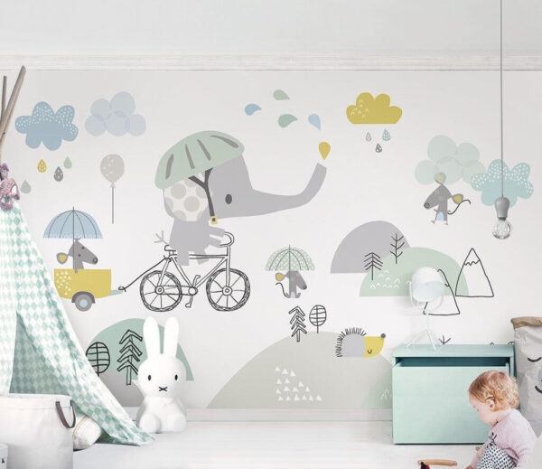 Elefant de desene animate care călărește o bicicletă Fototapet Elefant de desene animate care călărește o bicicletă