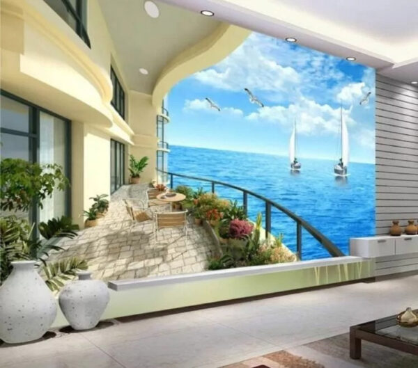 Balcon cu vedere la ocean și bărci Fototapet Balcon cu vedere la ocean și bărci