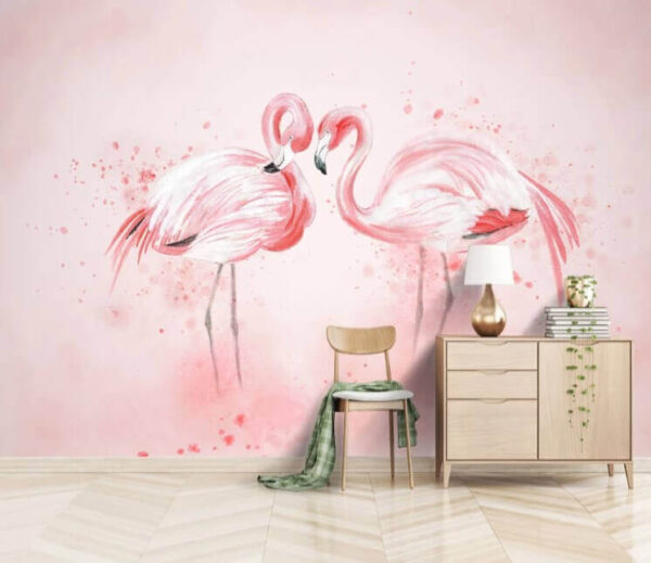 Două flamingo în picioare unul lângă celălalt Fototapet Două flamingo în picioare unul lângă celălalt