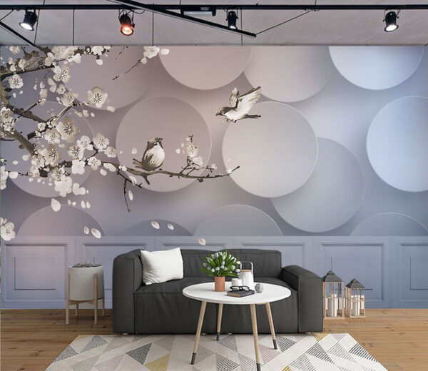Wall mural de păsări pe o ramură cu cercuri albe și cercuri albe Fototapet Wall mural de păsări pe o ramură cu cercuri albe și cercuri albe