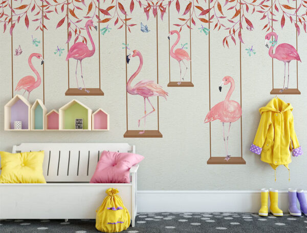 Flamingo roz cu frunze roșii Fototapet Flamingo roz cu frunze roșii
