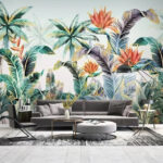 Fototapet Frunziș tropical cu flori vibrante