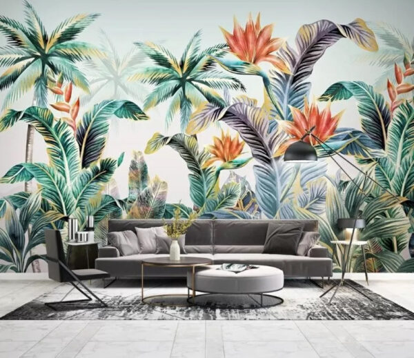 Frunziș tropical cu flori vibrante Fototapet Frunziș tropical cu flori vibrante