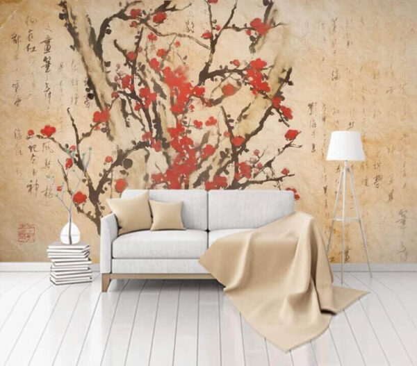 Fototapet Pictura unui copac cu flori roșii