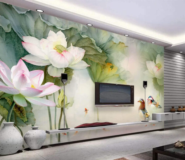 Fototapet Pictura unei rațe care înoată într-un iaz cu flori