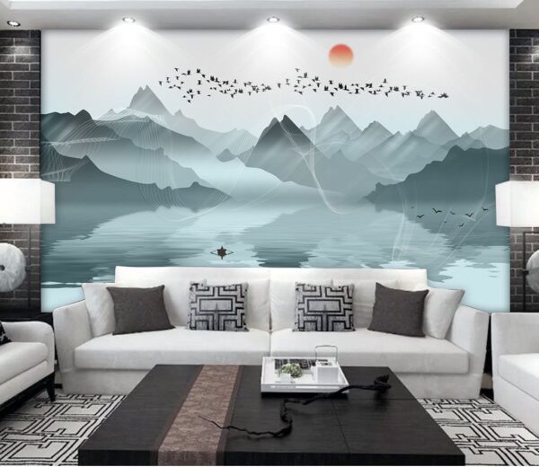 Fototapet Grup de păsări care zboară deasupra unui lac