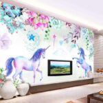 Fototapet Unicorni și flori de acuarelă