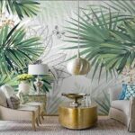 Fototapet Ilustrație cu frunze tropicale și fluturi.