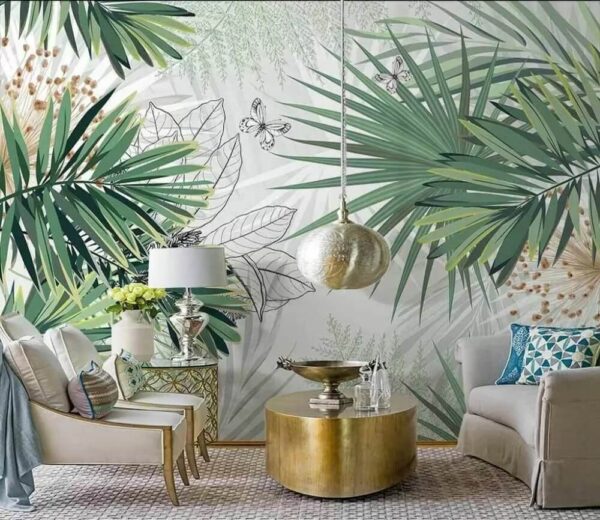 Ilustrație cu frunze tropicale și fluturi Fototapet Ilustrație cu frunze tropicale și fluturi