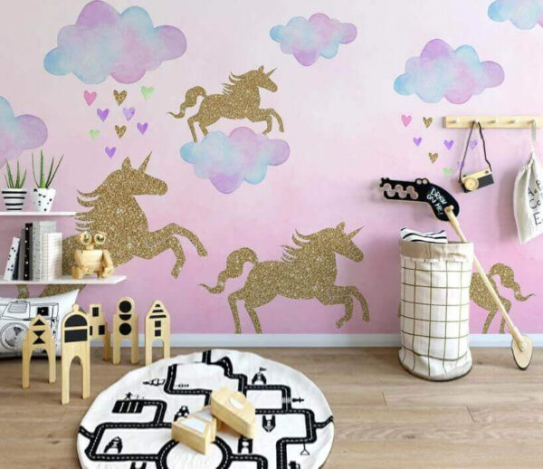 Unicorni și nori cu inimi și nori Fototapet Unicorni și nori cu inimi și nori