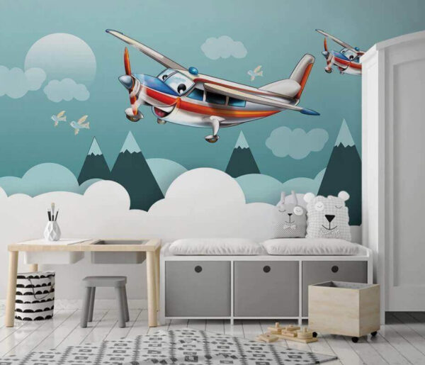 Avion de desene animate care zboară pe cer Fototapet Avion de desene animate care zboară pe cer