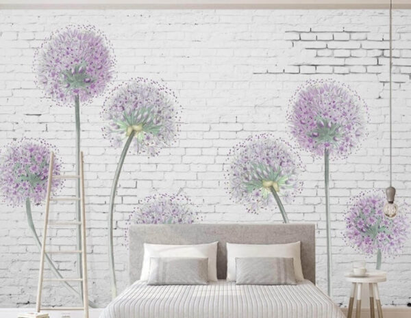 Flori de flori pe fundal de cărămidă albă Fototapet Flori de flori pe fundal de cărămidă albă