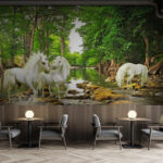 Fototapet Grup de unicorni albi într-un râu
