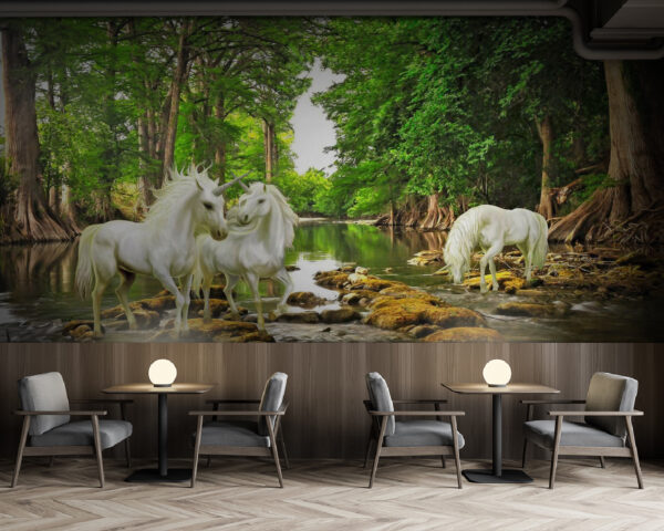 Grup de unicorni albi într-un râu Fototapet Grup de unicorni albi într-un râu