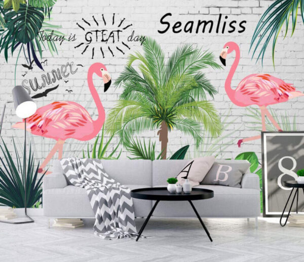 Perete cu flamingo și palmieri Fototapet Perete cu flamingo și palmieri