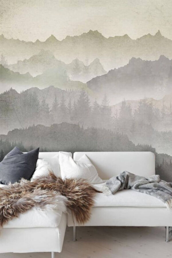 Fototapet Păsări care zboară deasupra unui lanț muntos