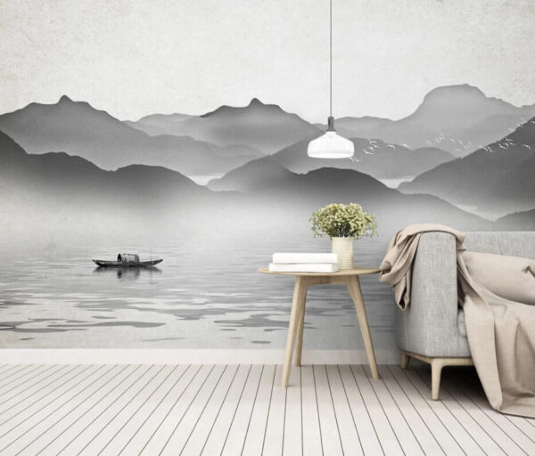 Fototapet Barcă pe apă cu munți în fundal