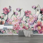Fototapet Pictura acuarelă de flori și un fluture