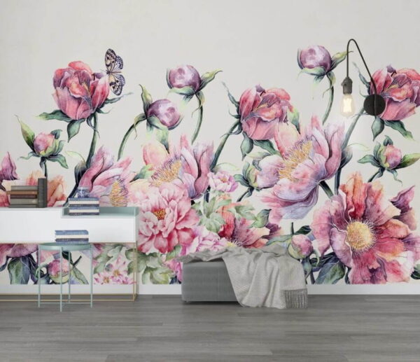 Pictura acuarelă de flori și un fluture Fototapet Pictura acuarelă de flori și un fluture