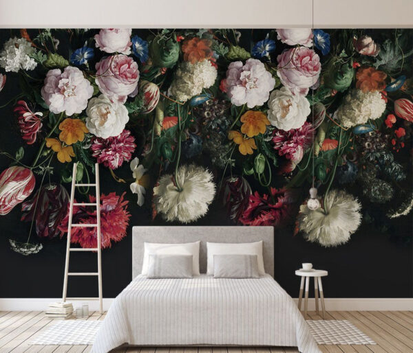 Florile vii cad în cascadă în întuneric Fototapet Florile vii cad în cascadă în întuneric