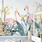 Fototapet Grup de flamingo cu coroane și flori