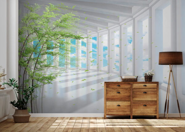 Coridor luminat de soare cu frunze vibrante Fototapet Coridor luminat de soare cu frunze vibrante