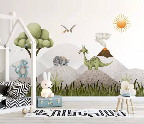 Fototapet Dinozauri de desene animate într-un peisaj