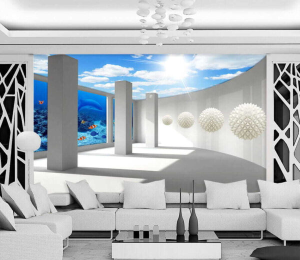 Fototapet Cameră cu coloane și pești și pești