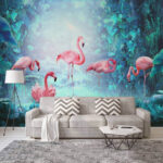 Fototapet Grup de flamingo roz într-o pădure
