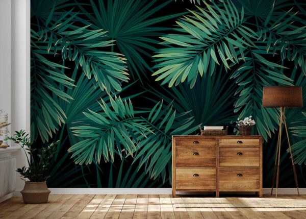 Model de frunze tropicale pe fundal negru Fototapet Model de frunze tropicale pe fundal negru