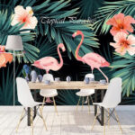 Fototapet Cuplu de flamingo roz și flori