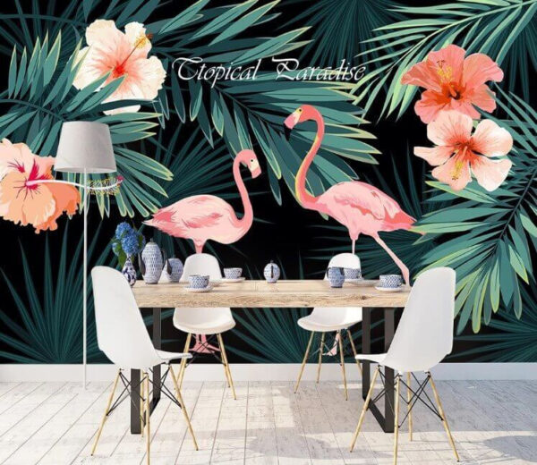 Cuplu de flamingo roz și flori Fototapet Cuplu de flamingo roz și flori