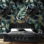 Fototapet Model floral abstract de culoare teal și metalic.