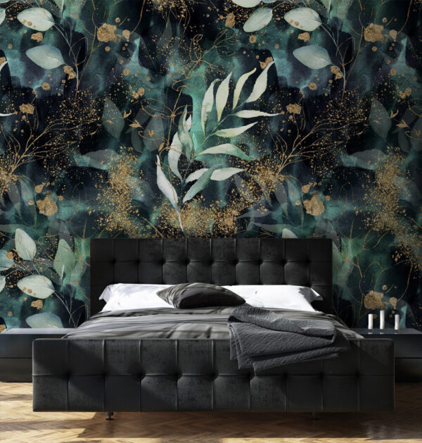 Model floral abstract de culoare teal și metalic Fototapet Model floral abstract de culoare teal și metalic