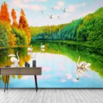 Fototapet Pictură de lebede pe un lac