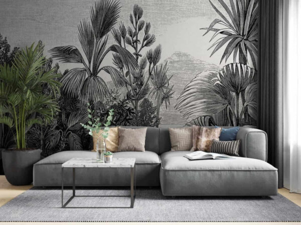 Desen alb-negru al unei păduri tropicale Fototapet Desen alb-negru al unei păduri tropicale