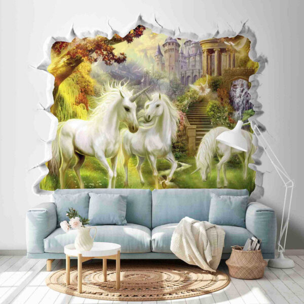 Fototapet Zid cu un castel și unicorni