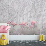 Fototapet Grup de flamingo roz într-un iaz cu flori