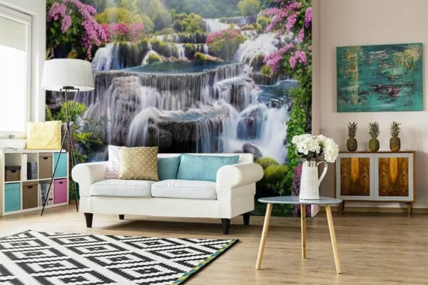 Cascadă încântătoare în mijlocul florilor vibrante Fototapet Cascadă încântătoare în mijlocul florilor vibrante